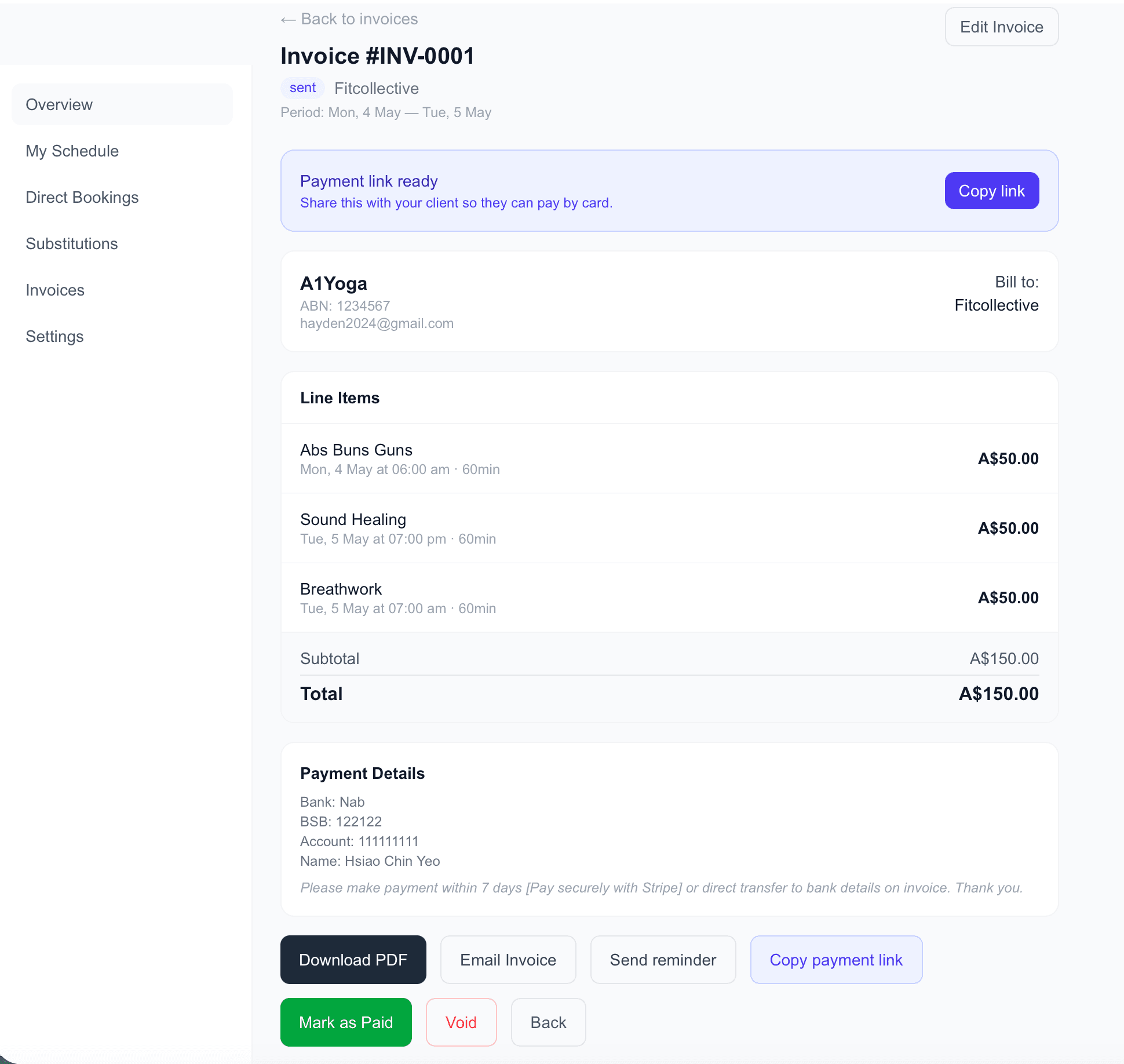 Invoice in sent state with line items and Pay Online button