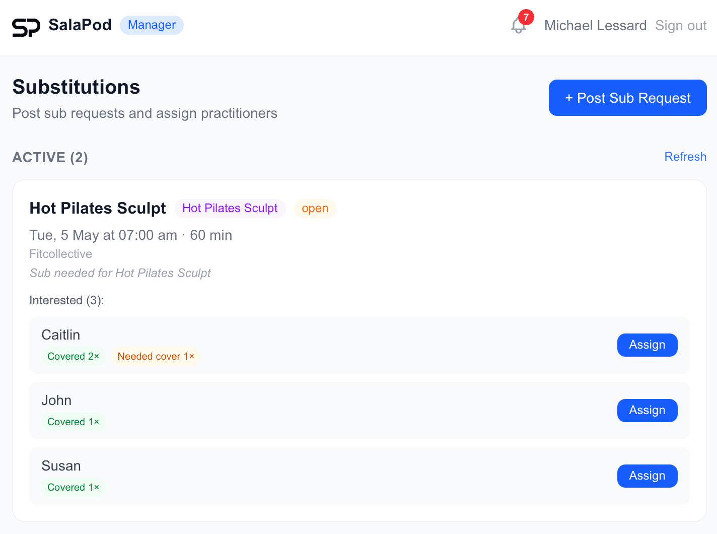 Manager substitutions page with open sub requests and practitioner interest
