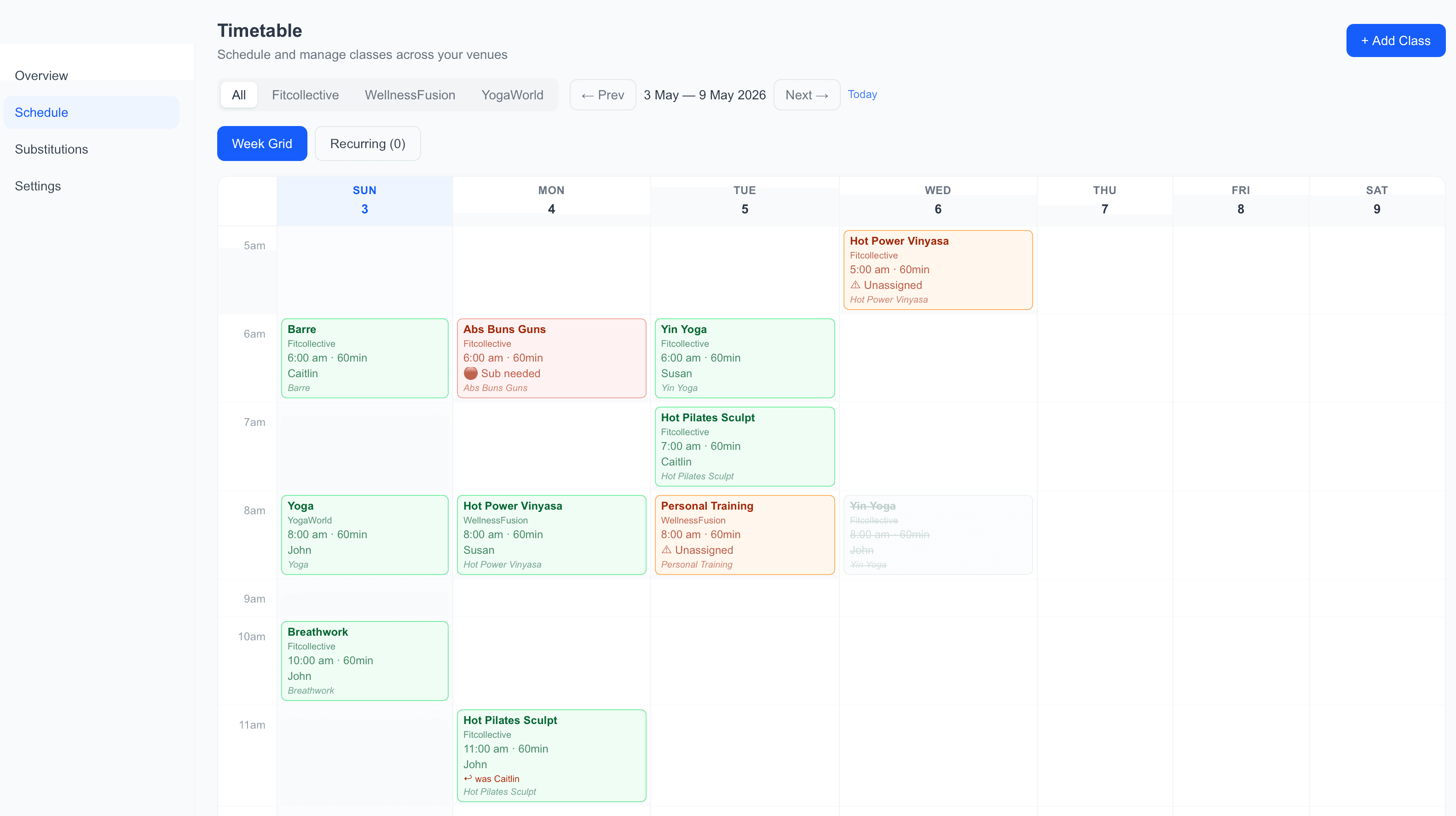 SalaPod manager timetable showing a full week across venues with assigned, unassigned and sub-request states