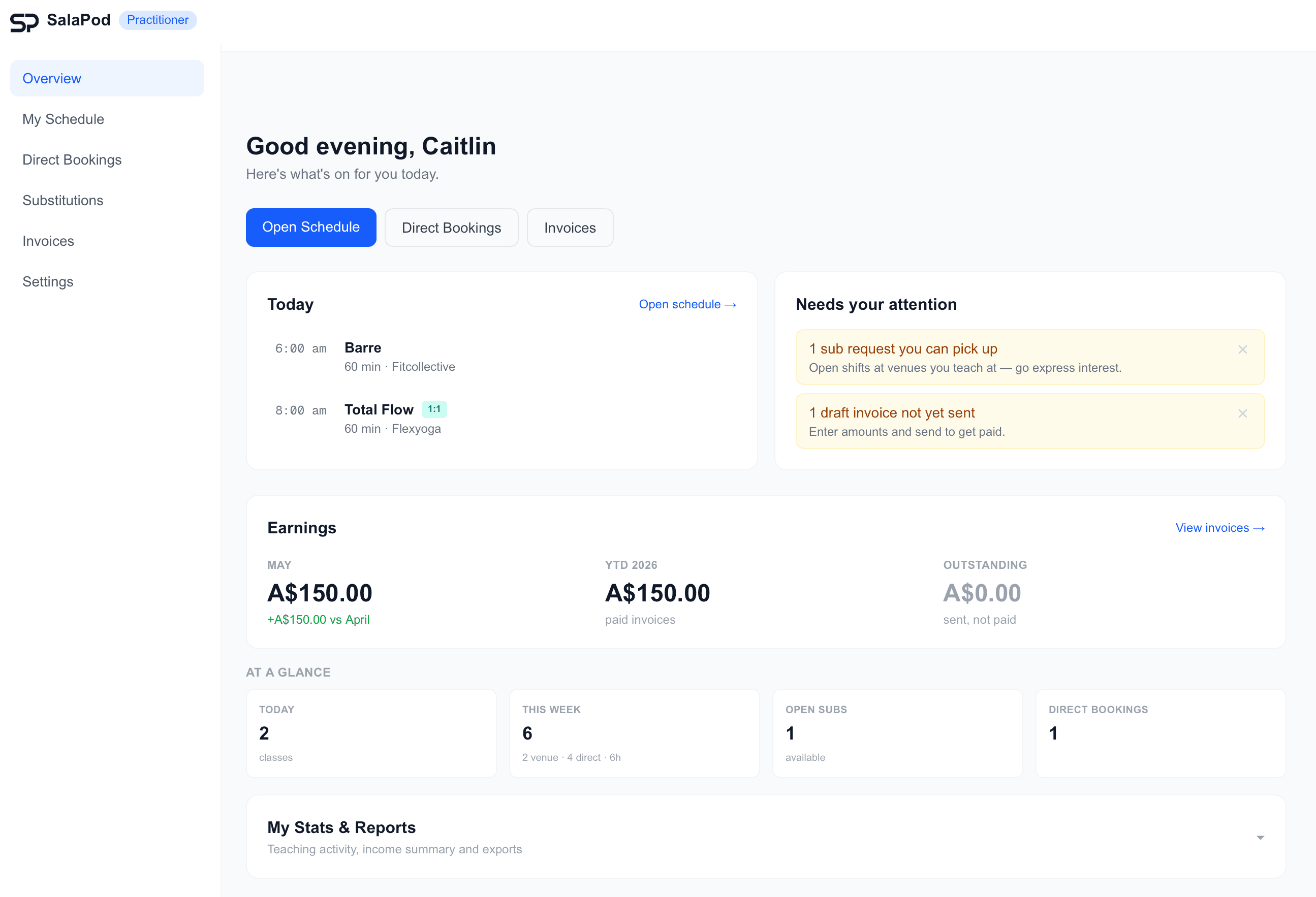 Practitioner overview dashboard with earnings, today's classes and needs-attention alerts