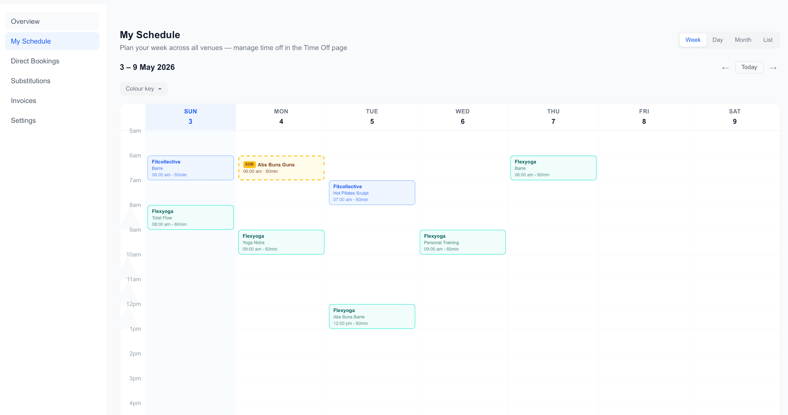 SalaPod practitioner schedule showing venue classes, private sessions and open sub requests